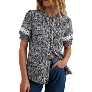 GRACE KARIN Women Boho Floral Tops, Summer Short Eyelet Sleeve Dressy Casual Shirts, Spring Button Down Blouse 2026 Trendy(Black)