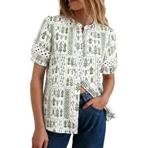 GRACE KARIN Women Boho Floral Tops, Summer Short Eyelet Sleeve Dressy Casual Shirts, Spring Button Down Blouse 2026 Trendy(Light Green)
