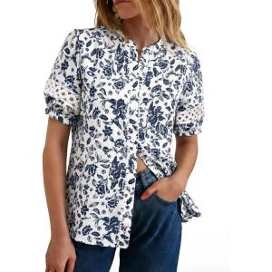 GRACE KARIN Women Boho Floral Tops, Summer Short Eyelet Sleeve Dressy Casual Shirts, Spring Button Down Blouse 2026 Trendy(Navy)