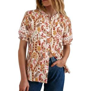 GRACE KARIN Women Boho Floral Tops, Summer Short Eyelet Sleeve Dressy Casual Shirts, Spring Button Down Blouse 2026 Trendy(Red Orange)