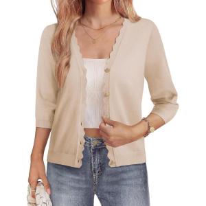 GRACE KARIN Women’s 3/4 Sleeve V Neck Button Down Lightweight Cardigan Sweater Open Front Dressy Shrugs Spring Fashion(Beige)
