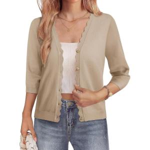 GRACE KARIN Women’s 3/4 Sleeve V Neck Button Down Lightweight Cardigan Sweater Open Front Dressy Shrugs Spring Fashion(Khaki)