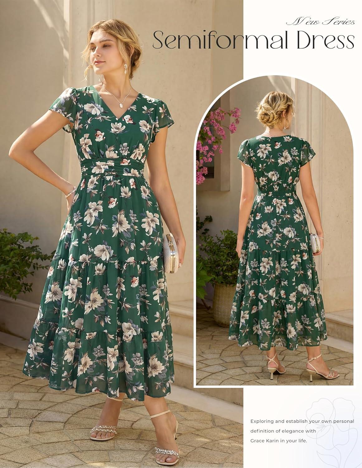 imageGRACE KARIN 2026 Women Summer DressMaxi Short Sleeve Floral DressesSemi Formal Flowy Wedding Guest Dress with PocketDark Green With White Flowers