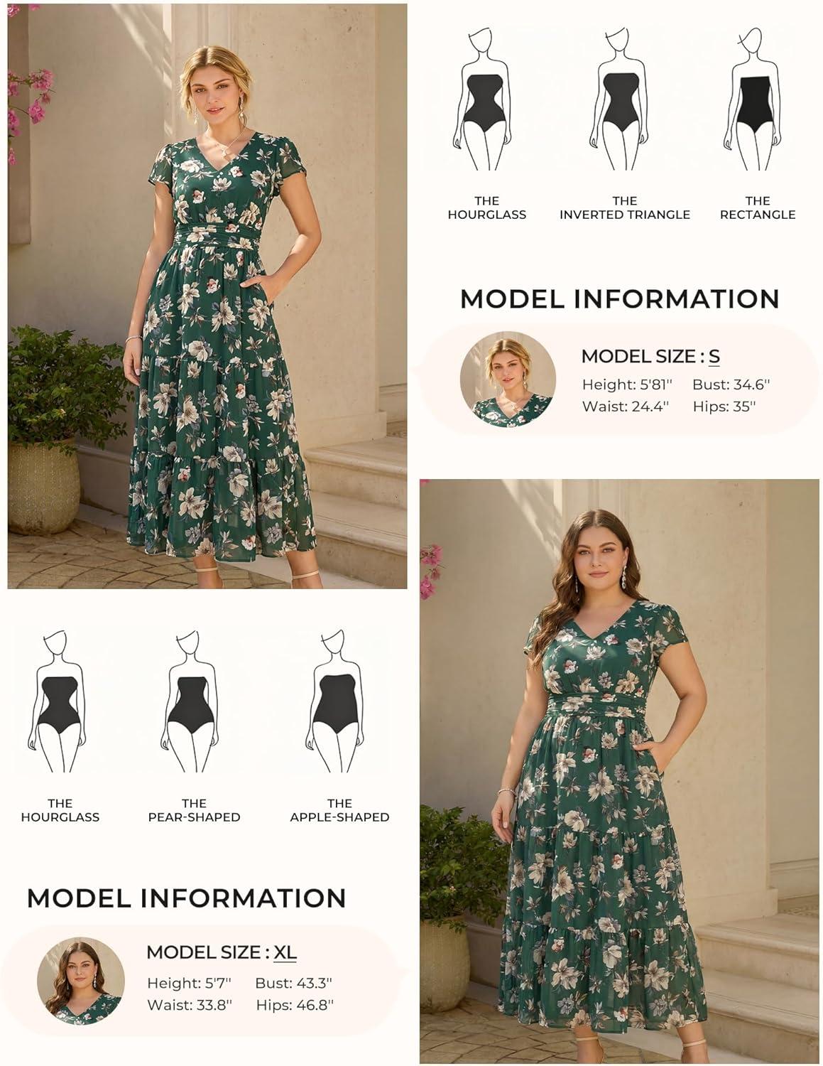 imageGRACE KARIN 2026 Women Summer DressMaxi Short Sleeve Floral DressesSemi Formal Flowy Wedding Guest Dress with PocketDark Green With White Flowers