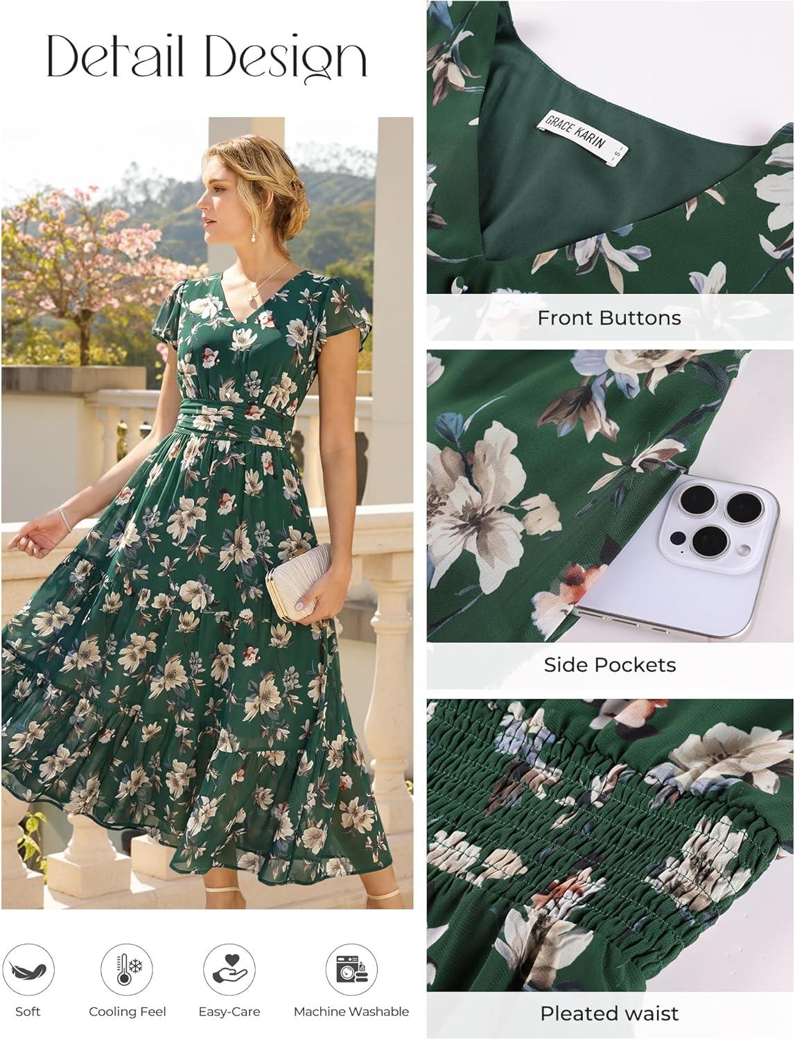 imageGRACE KARIN 2026 Women Summer DressMaxi Short Sleeve Floral DressesSemi Formal Flowy Wedding Guest Dress with PocketDark Green With White Flowers