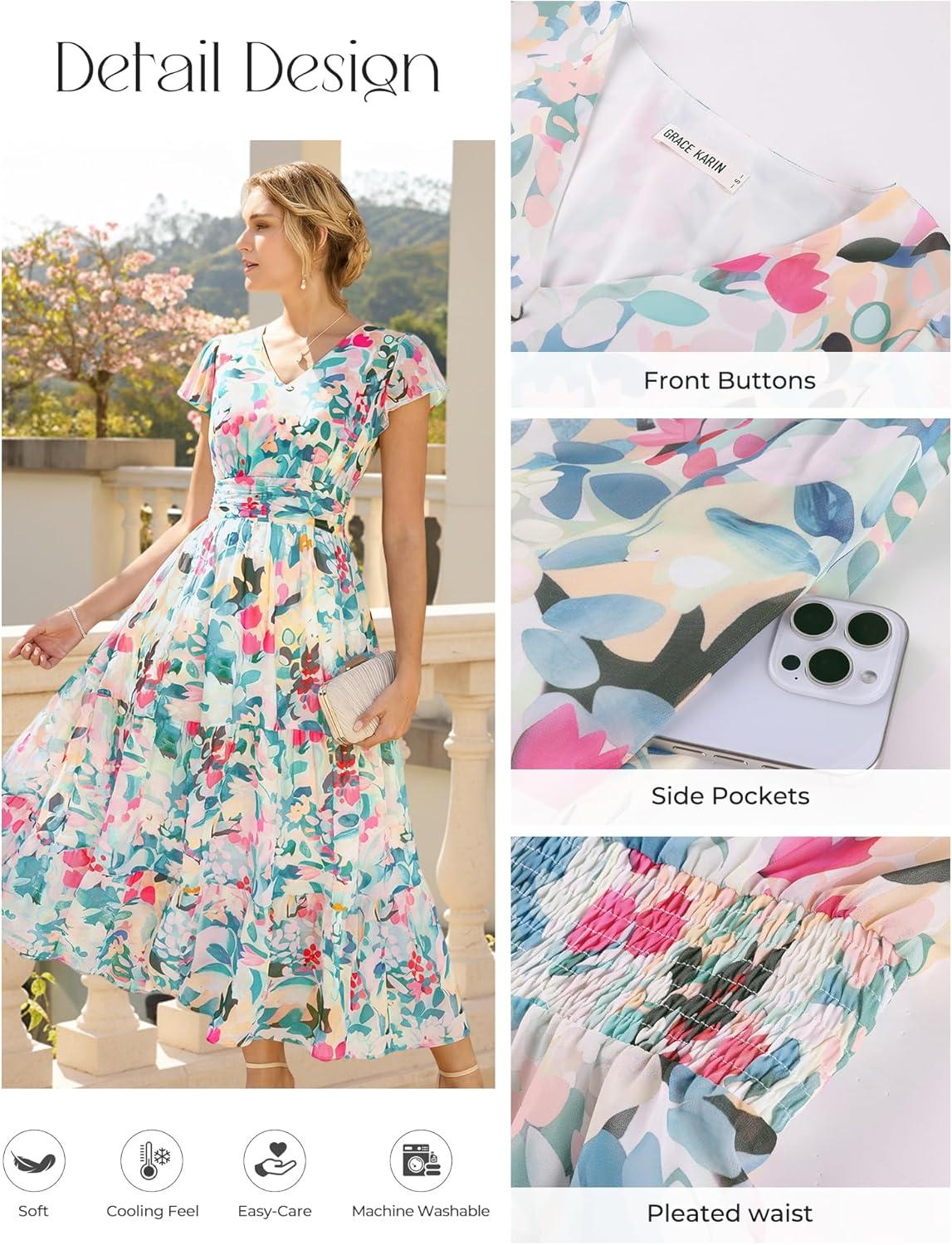 imageGRACE KARIN 2026 Women Summer DressMaxi Short Sleeve Floral DressesSemi Formal Flowy Wedding Guest Dress with PocketDense Dotted Flowers