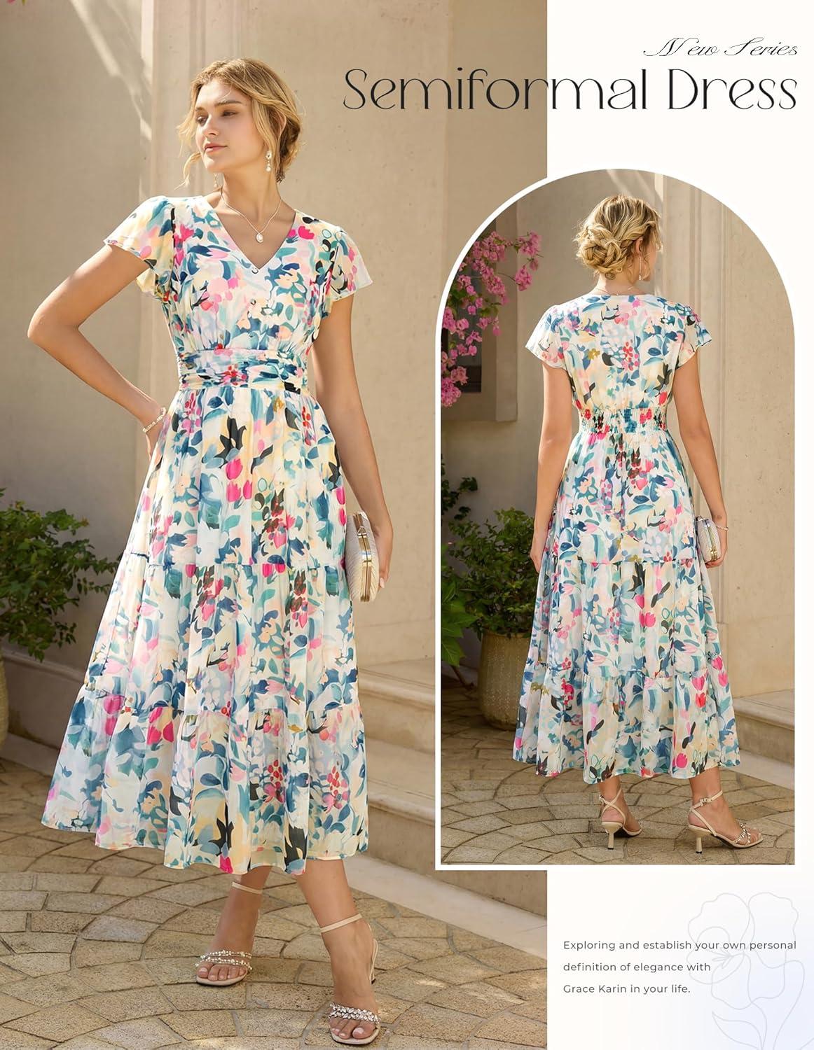imageGRACE KARIN 2026 Women Summer DressMaxi Short Sleeve Floral DressesSemi Formal Flowy Wedding Guest Dress with PocketDense Dotted Flowers