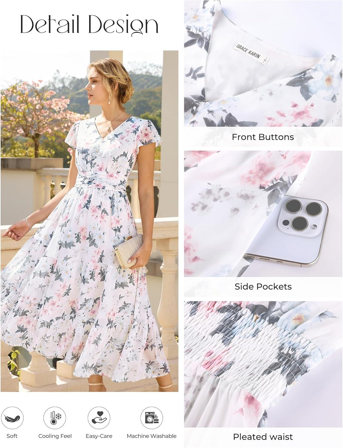 imageGRACE KARIN 2026 Women Summer DressMaxi Short Sleeve Floral DressesSemi Formal Flowy Wedding Guest Dress with PocketWhite With Pink Blue Flowers