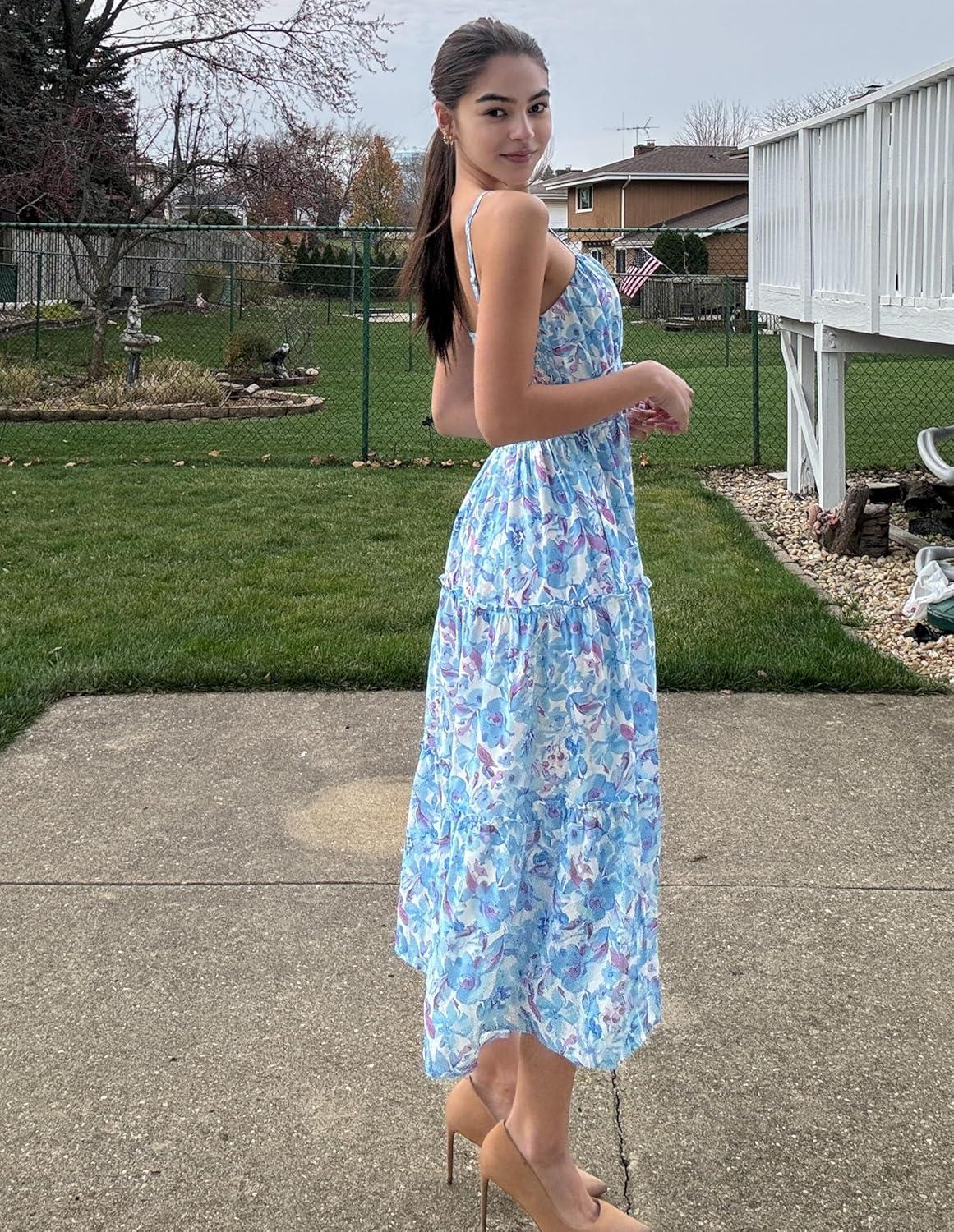imageGRACE KARIN 2026 Womens Spaghetti Vacation Sundress Summer Beach Flowy Boho Floral Maxi Dresses with PocketsBlue Floral
