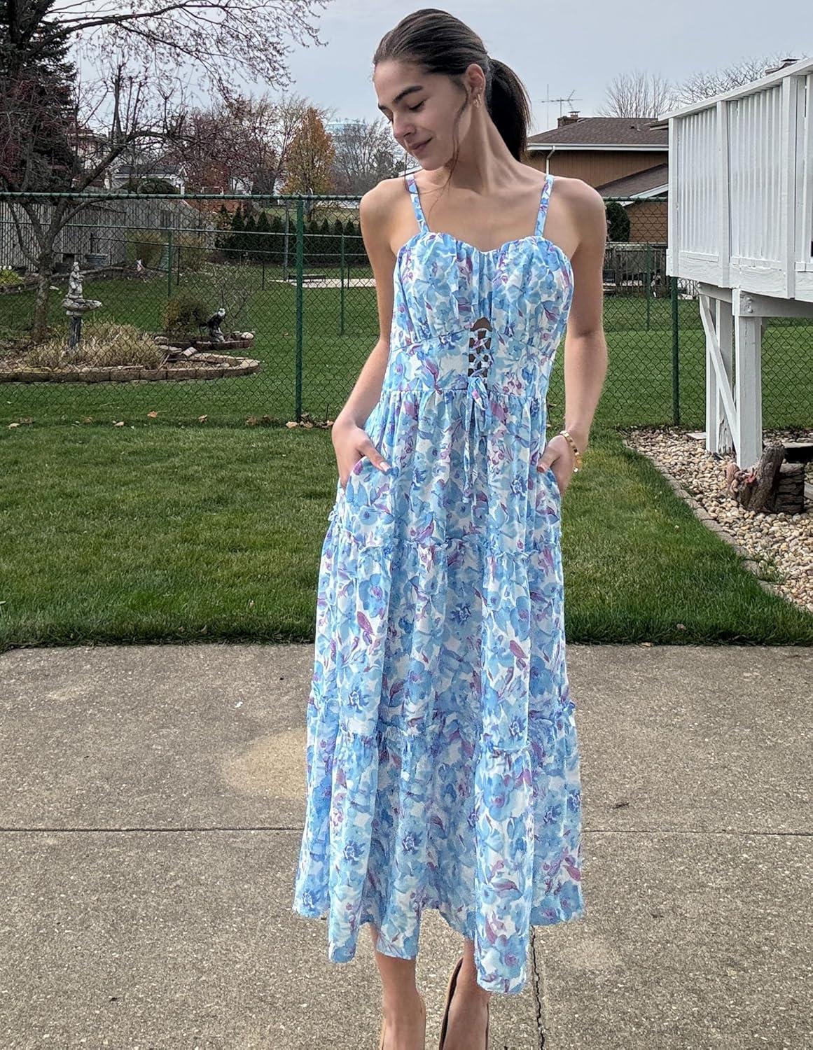 imageGRACE KARIN 2026 Womens Spaghetti Vacation Sundress Summer Beach Flowy Boho Floral Maxi Dresses with PocketsBlue Floral