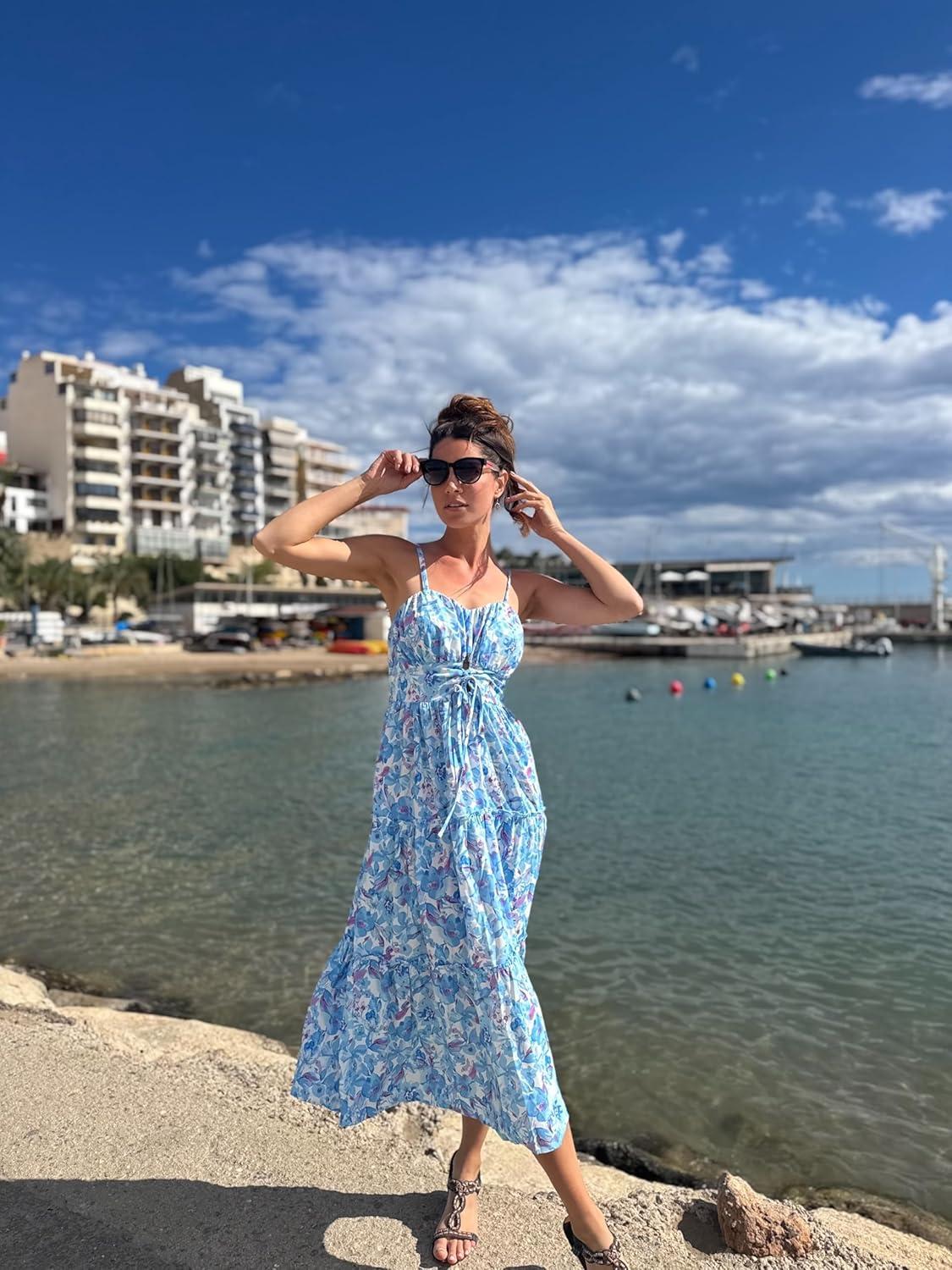 imageGRACE KARIN 2026 Womens Spaghetti Vacation Sundress Summer Beach Flowy Boho Floral Maxi Dresses with PocketsBlue Floral