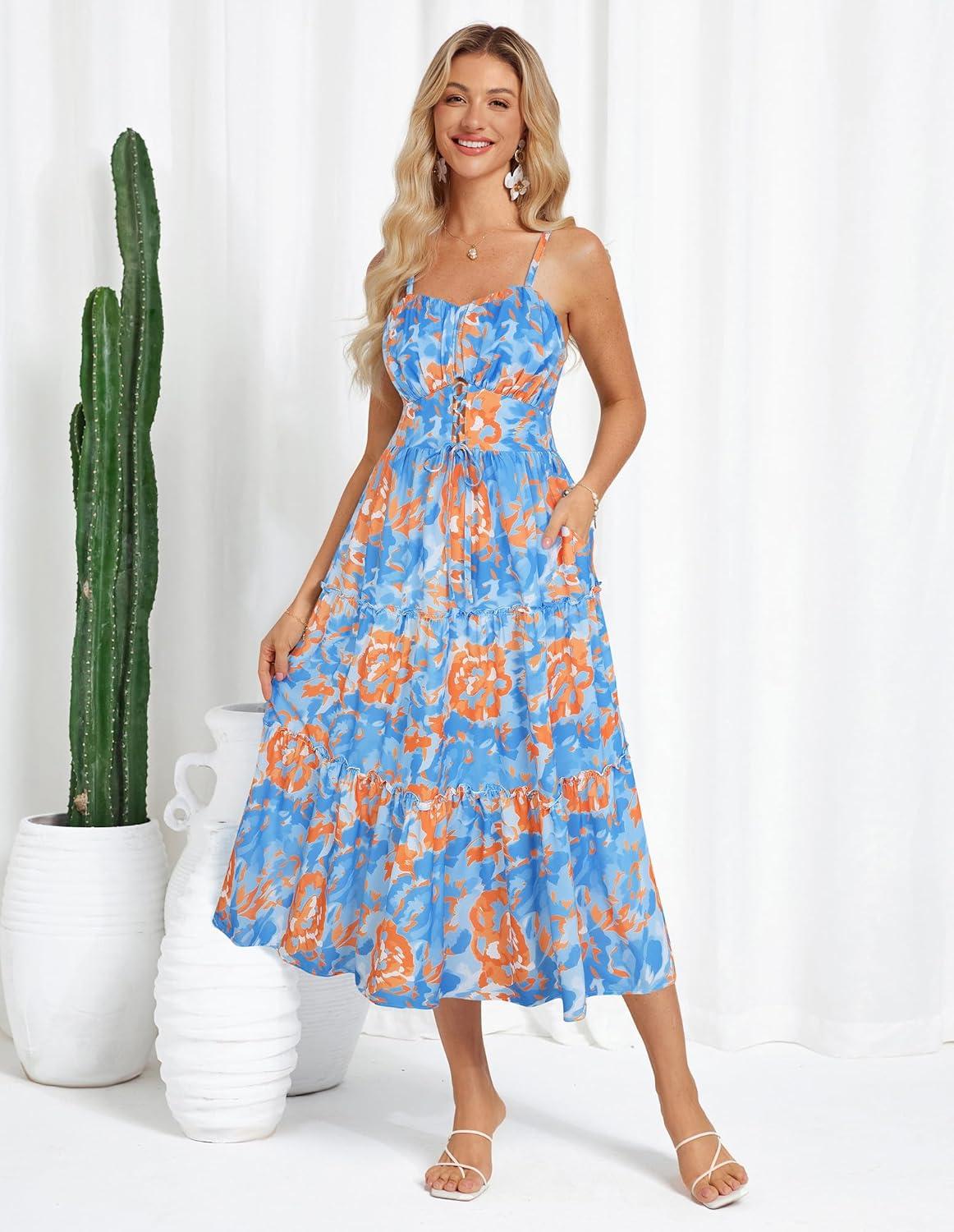 imageGRACE KARIN 2026 Womens Spaghetti Vacation Sundress Summer Beach Flowy Boho Floral Maxi Dresses with PocketsBlue Orange Floral