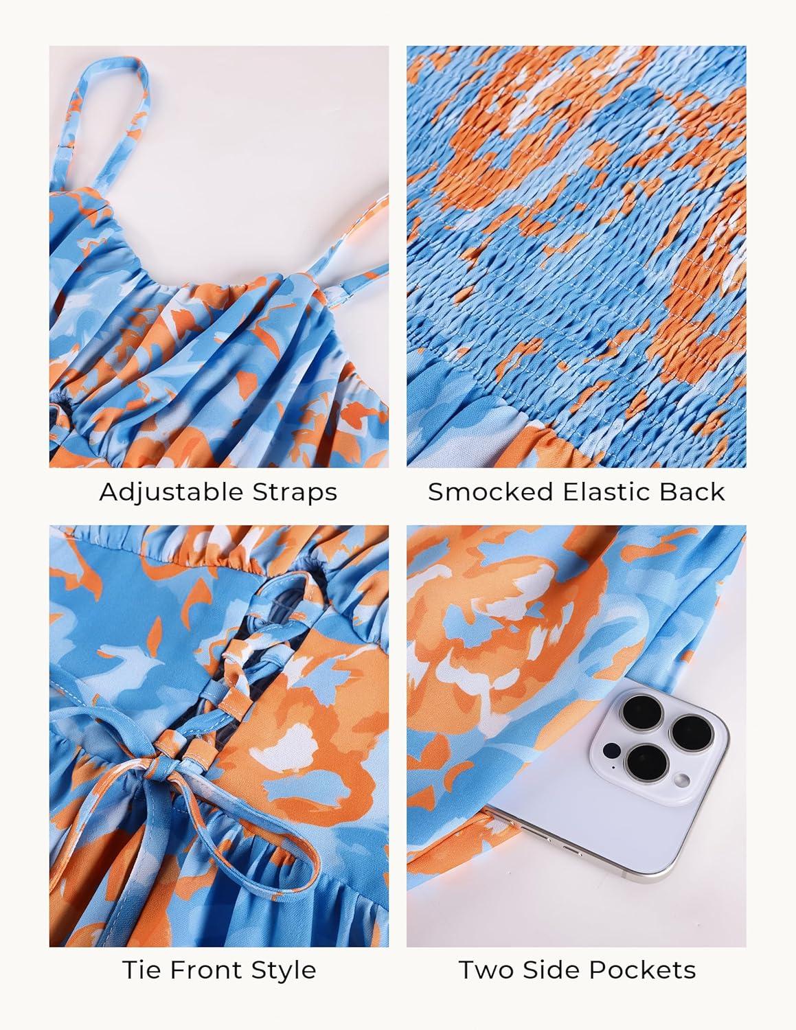 imageGRACE KARIN 2026 Womens Spaghetti Vacation Sundress Summer Beach Flowy Boho Floral Maxi Dresses with PocketsBlue Orange Floral