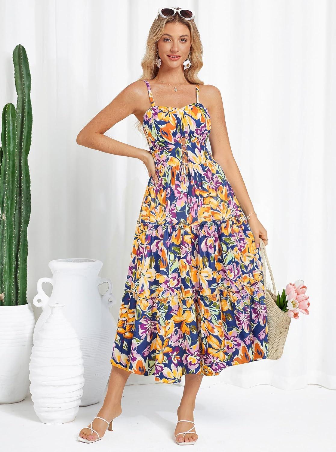 imageGRACE KARIN 2026 Womens Spaghetti Vacation Sundress Summer Beach Flowy Boho Floral Maxi Dresses with PocketsBlue Purle Floral