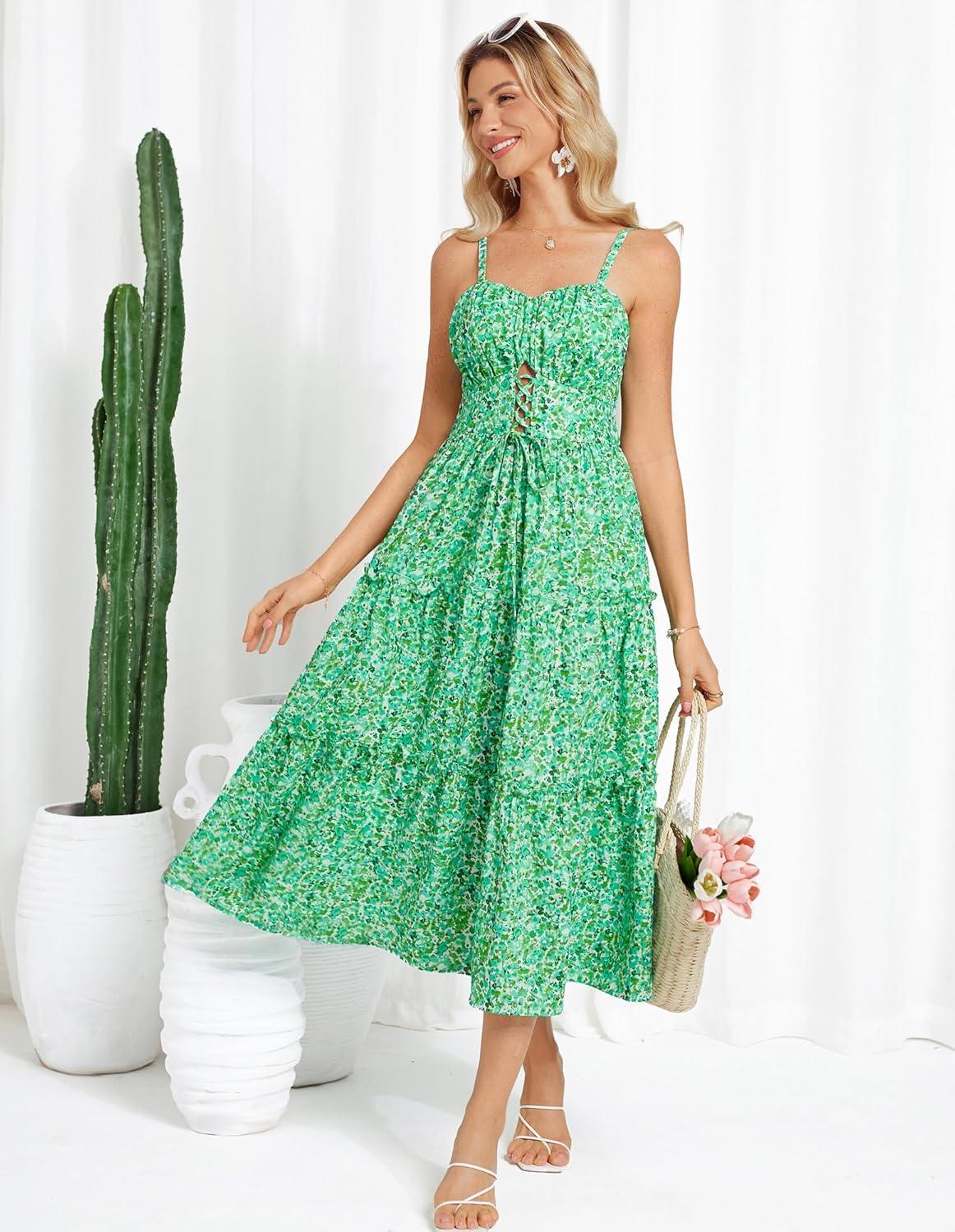 imageGRACE KARIN 2026 Womens Spaghetti Vacation Sundress Summer Beach Flowy Boho Floral Maxi Dresses with PocketsGreen Blue Floral