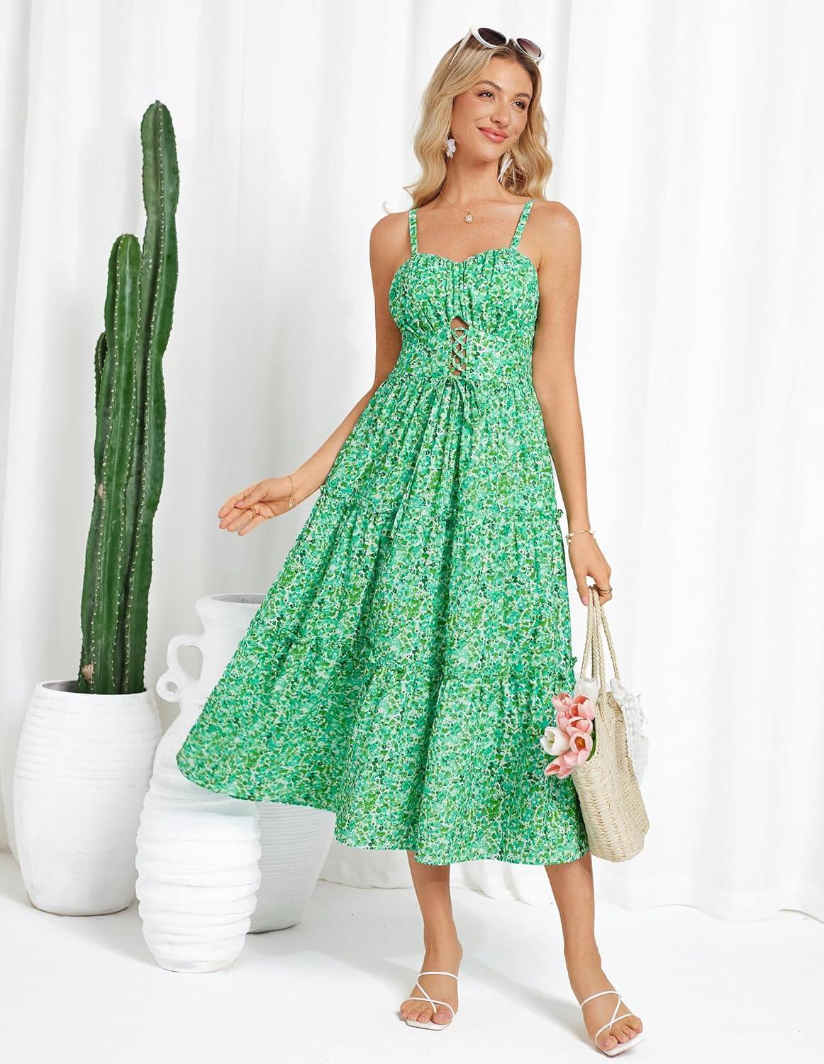 imageGRACE KARIN 2026 Womens Spaghetti Vacation Sundress Summer Beach Flowy Boho Floral Maxi Dresses with PocketsGreen Blue Floral