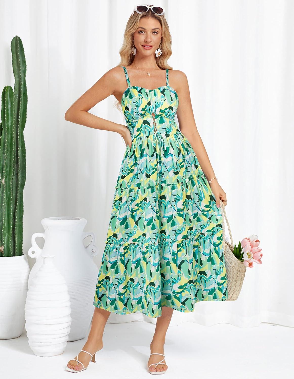 imageGRACE KARIN 2026 Womens Spaghetti Vacation Sundress Summer Beach Flowy Boho Floral Maxi Dresses with PocketsGreen Yellow Floral