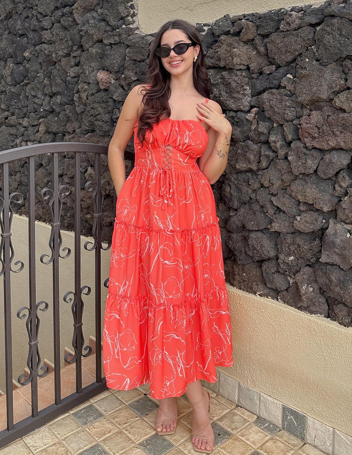 imageGRACE KARIN 2026 Womens Spaghetti Vacation Sundress Summer Beach Flowy Boho Floral Maxi Dresses with PocketsOrange Floral