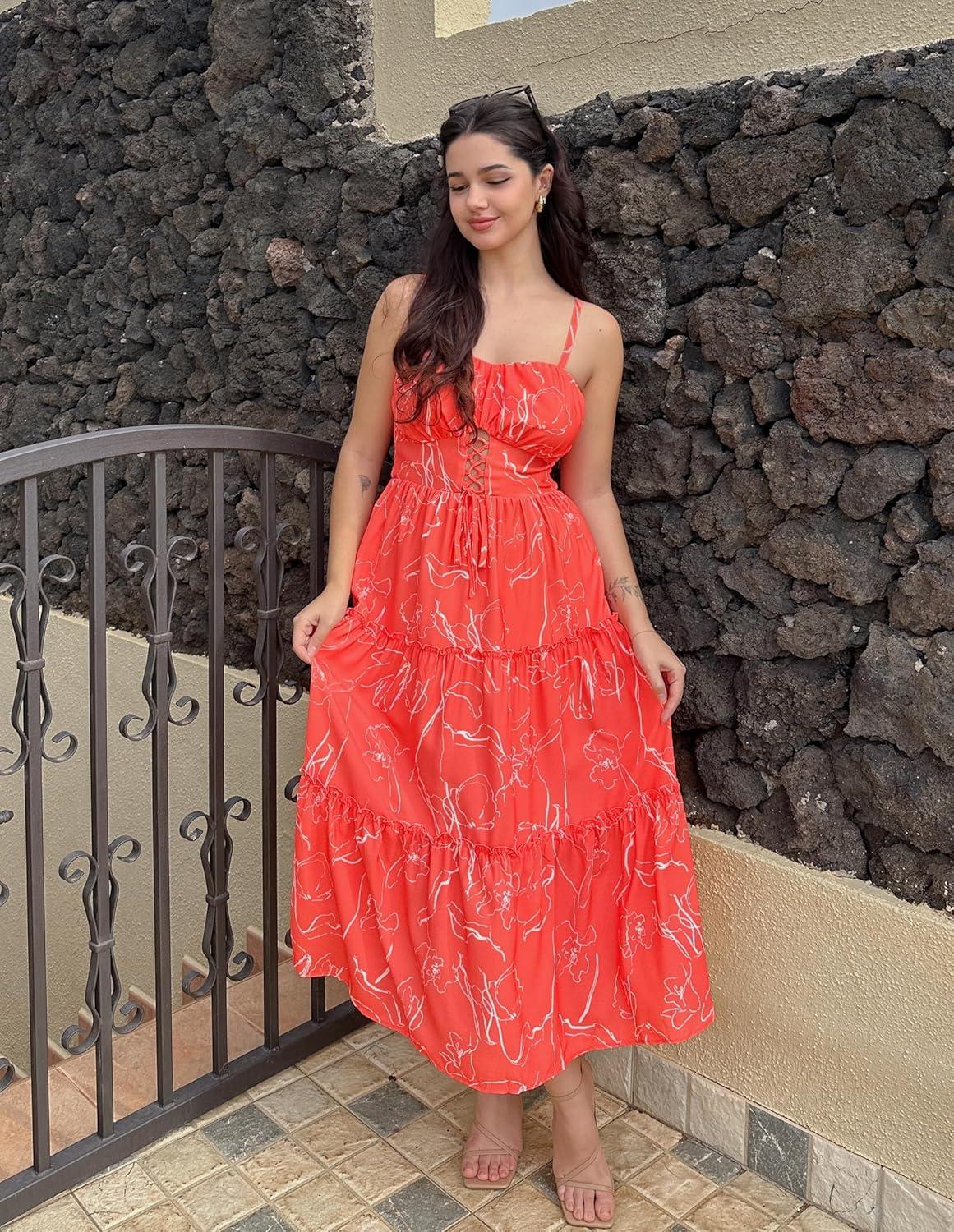 imageGRACE KARIN 2026 Womens Spaghetti Vacation Sundress Summer Beach Flowy Boho Floral Maxi Dresses with PocketsOrange Floral