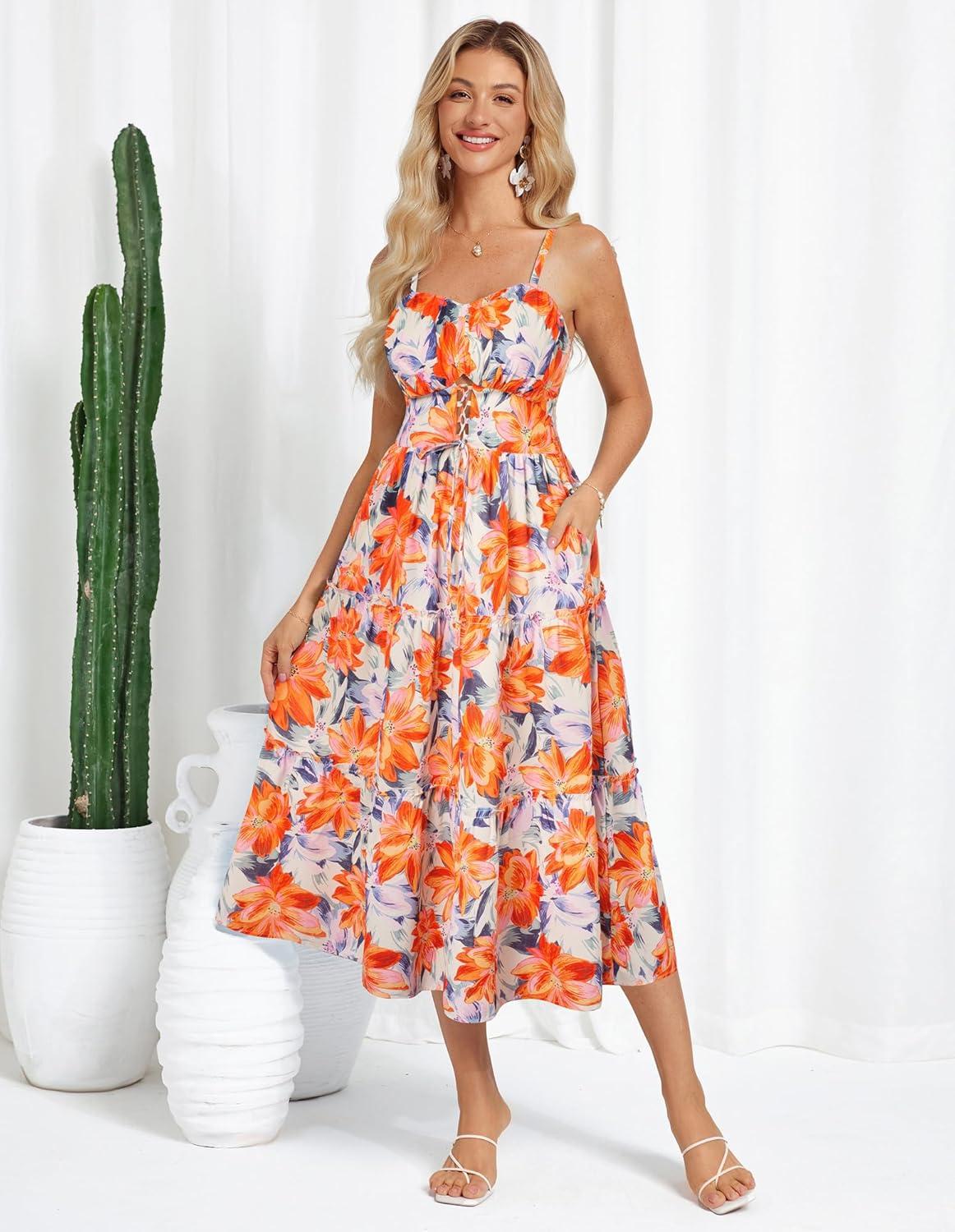 imageGRACE KARIN 2026 Womens Spaghetti Vacation Sundress Summer Beach Flowy Boho Floral Maxi Dresses with PocketsOrange Yellow Floral