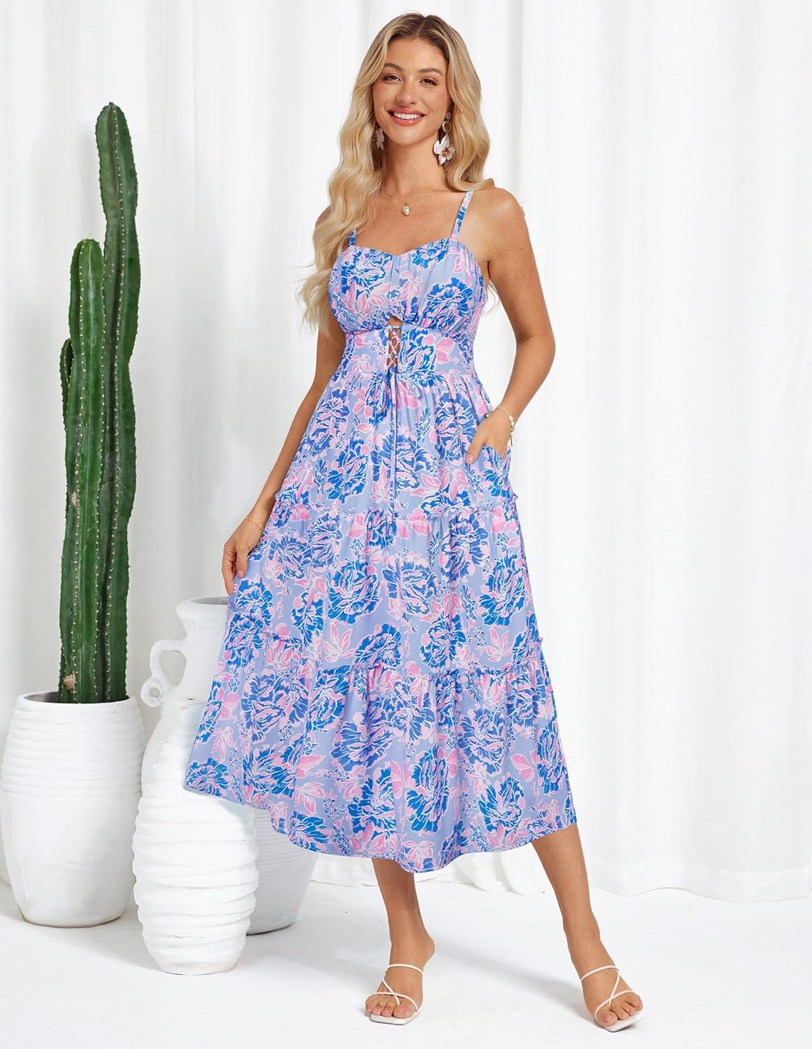imageGRACE KARIN 2026 Womens Spaghetti Vacation Sundress Summer Beach Flowy Boho Floral Maxi Dresses with PocketsPurple Blue Floral