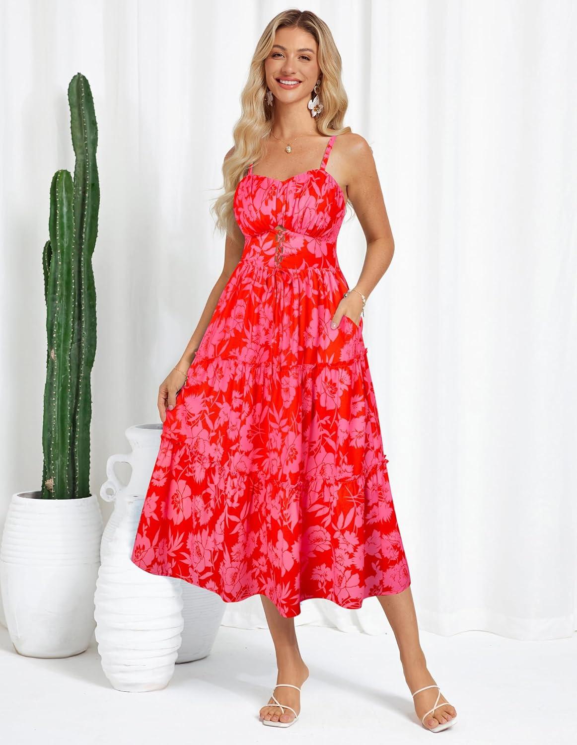 imageGRACE KARIN 2026 Womens Spaghetti Vacation Sundress Summer Beach Flowy Boho Floral Maxi Dresses with PocketsRose Pink Floral