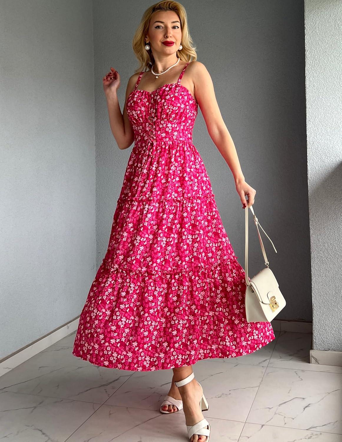 imageGRACE KARIN 2026 Womens Spaghetti Vacation Sundress Summer Beach Flowy Boho Floral Maxi Dresses with PocketsRose Red Floral