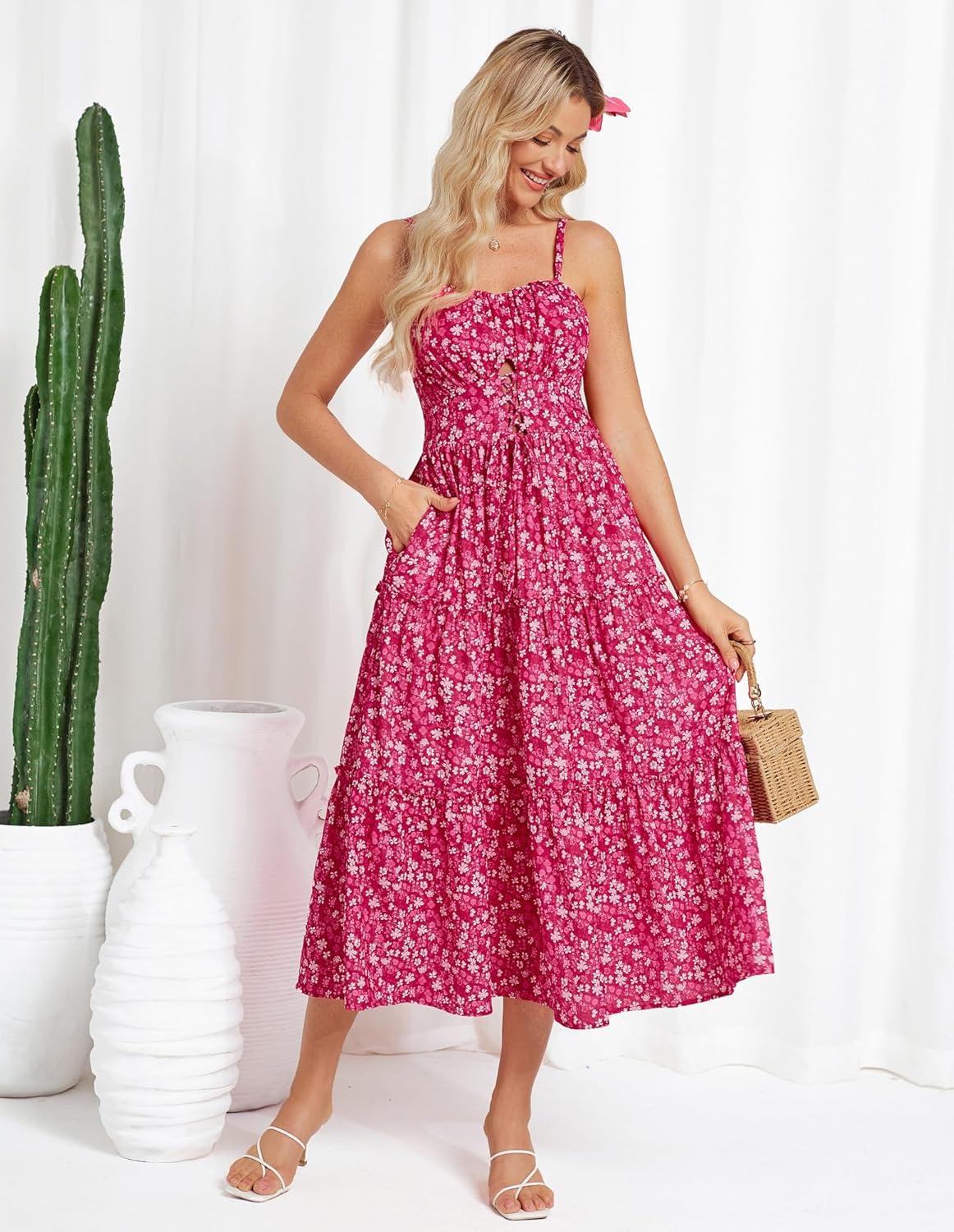 imageGRACE KARIN 2026 Womens Spaghetti Vacation Sundress Summer Beach Flowy Boho Floral Maxi Dresses with PocketsRose Red Floral