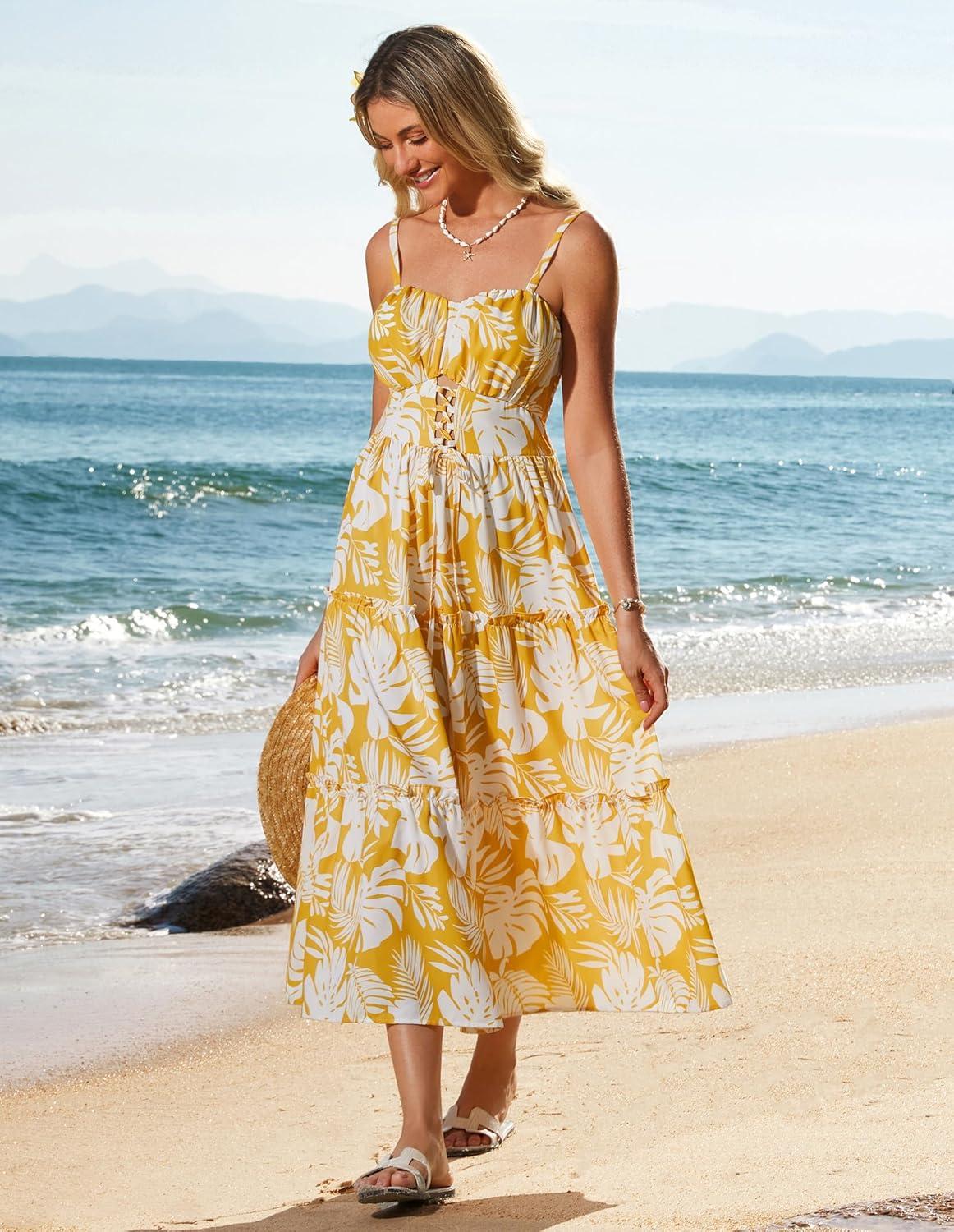 imageGRACE KARIN 2026 Womens Spaghetti Vacation Sundress Summer Beach Flowy Boho Floral Maxi Dresses with PocketsYellow Floral