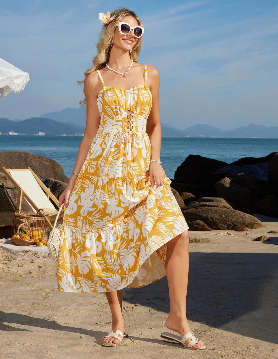 imageGRACE KARIN 2026 Womens Spaghetti Vacation Sundress Summer Beach Flowy Boho Floral Maxi Dresses with PocketsYellow Floral