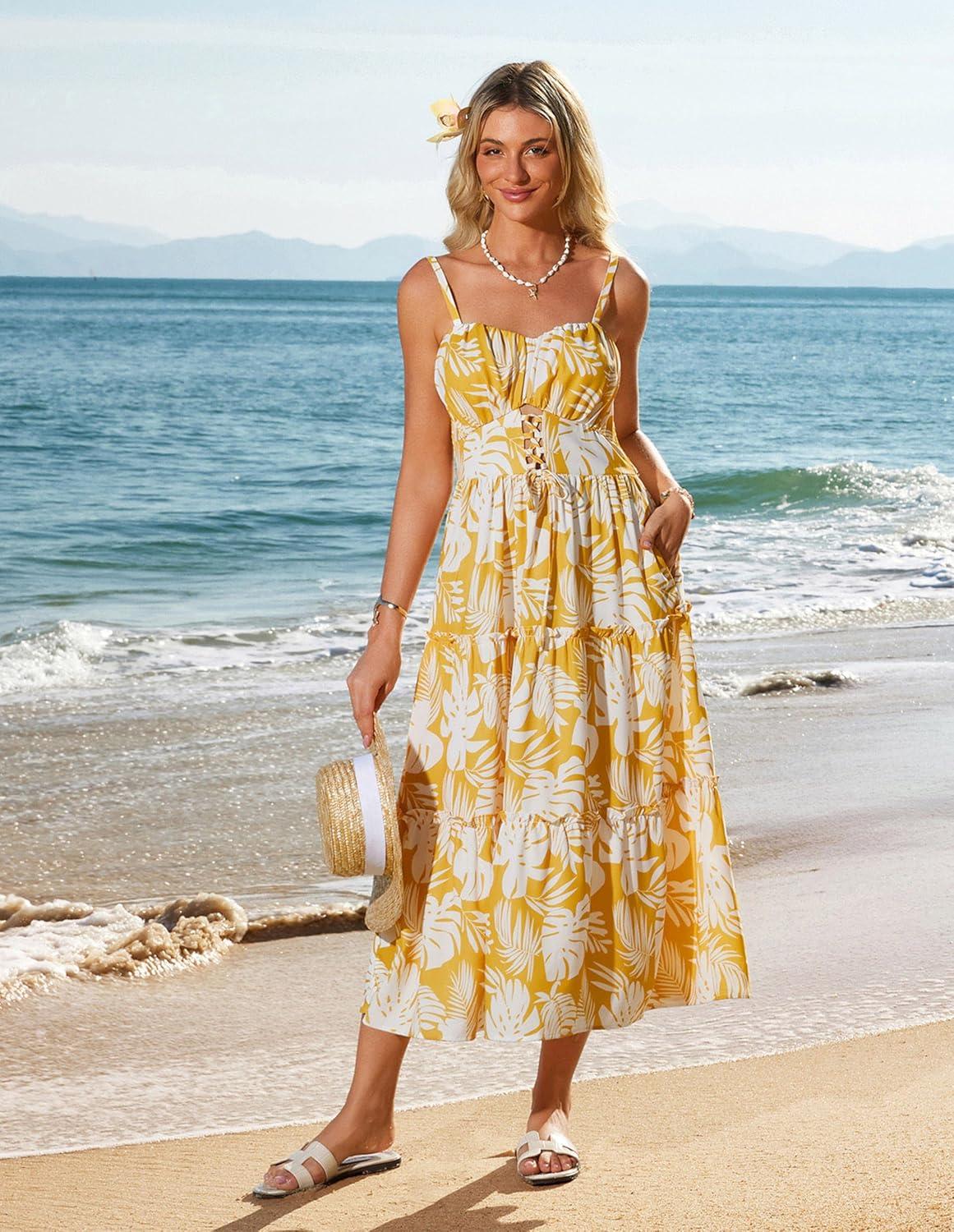imageGRACE KARIN 2026 Womens Spaghetti Vacation Sundress Summer Beach Flowy Boho Floral Maxi Dresses with PocketsYellow Floral