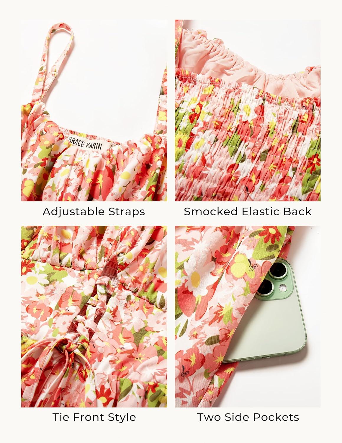 imageGRACE KARIN 2026 Womens Spaghetti Vacation Sundress Summer Beach Flowy Boho Floral Maxi Dresses with PocketsYellow White Floral