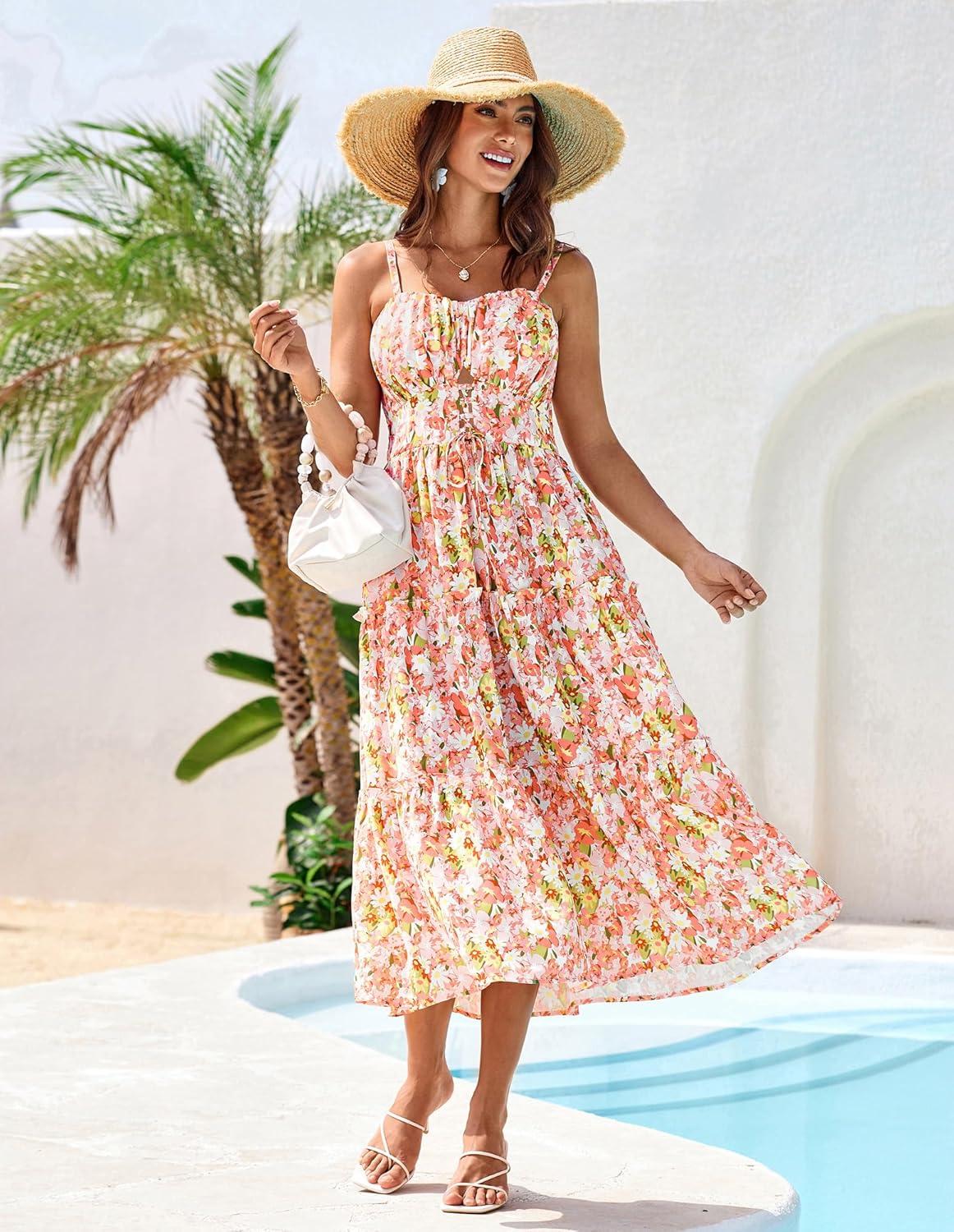 imageGRACE KARIN 2026 Womens Spaghetti Vacation Sundress Summer Beach Flowy Boho Floral Maxi Dresses with PocketsYellow White Floral