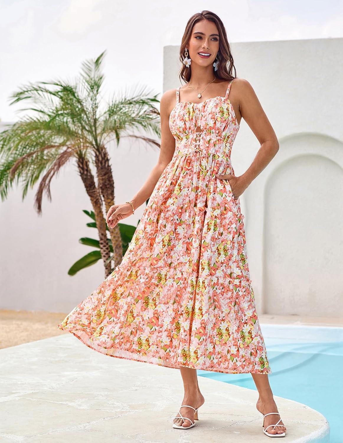 imageGRACE KARIN 2026 Womens Spaghetti Vacation Sundress Summer Beach Flowy Boho Floral Maxi Dresses with PocketsYellow White Floral