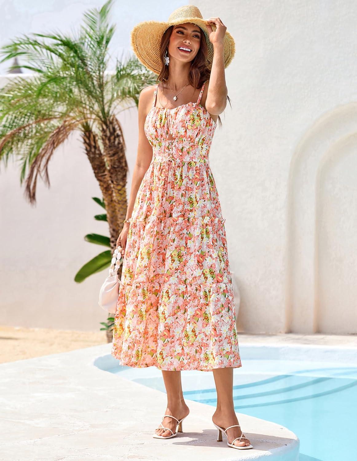 imageGRACE KARIN 2026 Womens Spaghetti Vacation Sundress Summer Beach Flowy Boho Floral Maxi Dresses with PocketsYellow White Floral