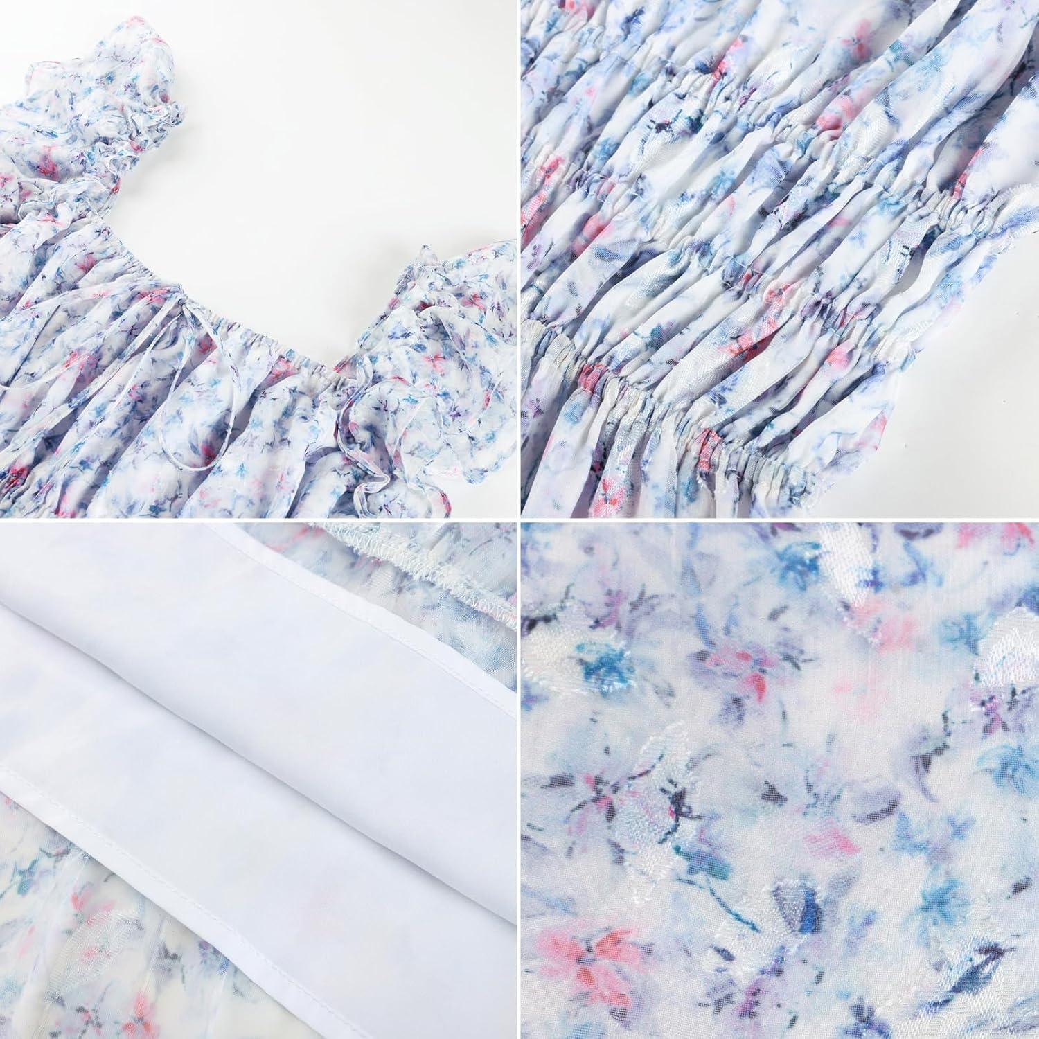imageGRACE KARIN 2026 Womens Spring Floral Midi Dress Square Neck Beach Wedding Guest Dresses Flowy A Line Casual Summer ClothesLight Blue Floral