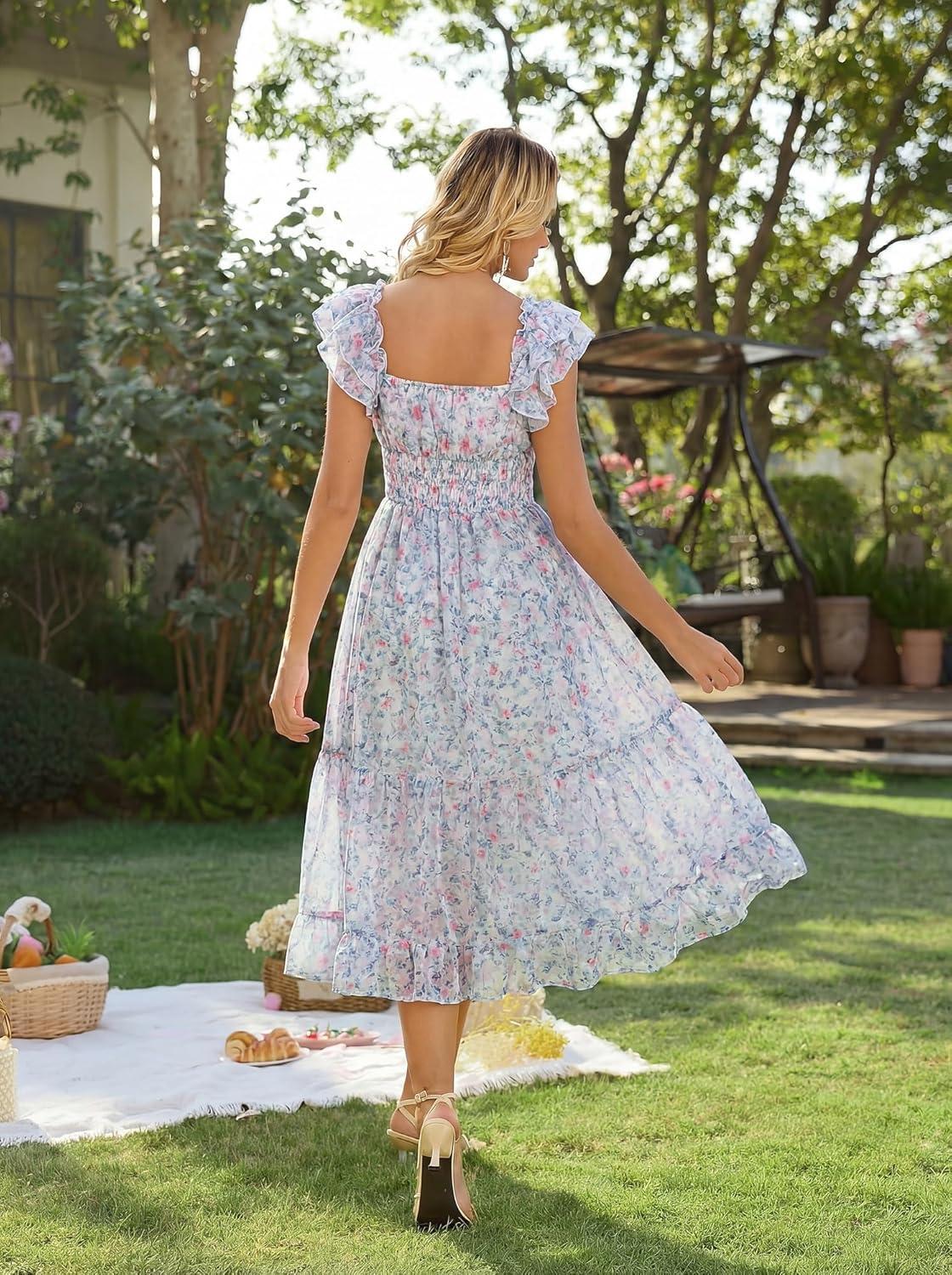 imageGRACE KARIN 2026 Womens Spring Floral Midi Dress Square Neck Beach Wedding Guest Dresses Flowy A Line Casual Summer ClothesLight Blue Floral