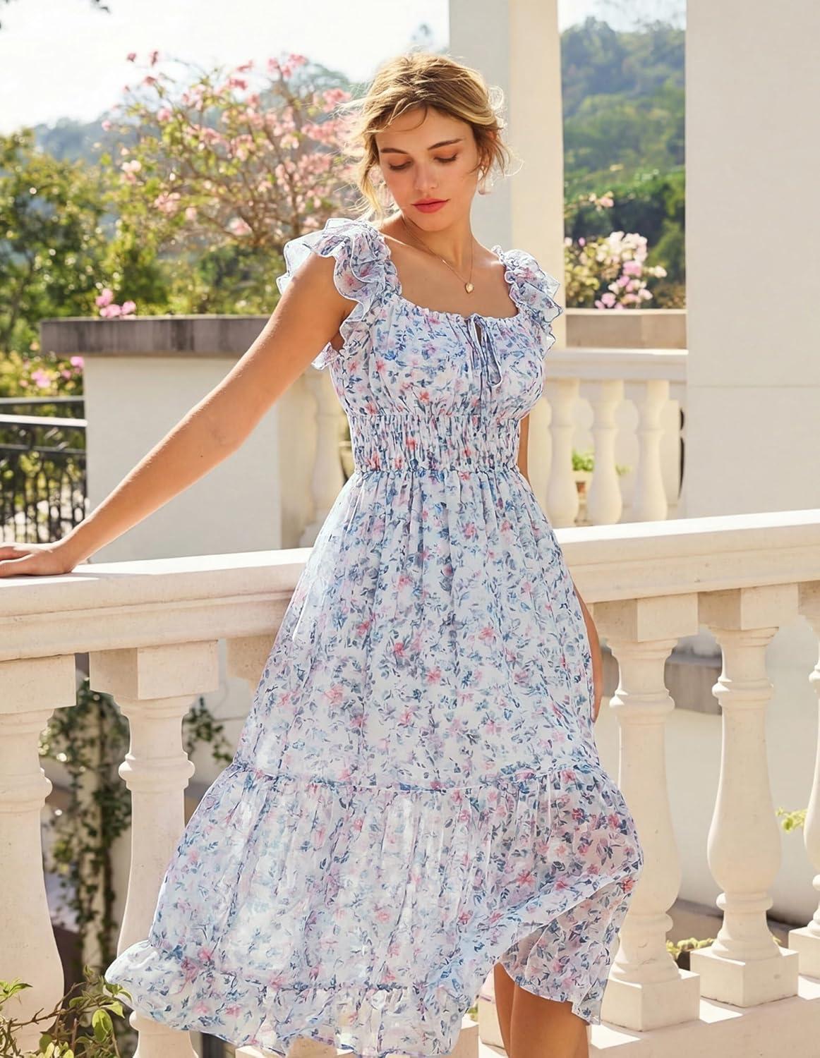 imageGRACE KARIN 2026 Womens Spring Floral Midi Dress Square Neck Beach Wedding Guest Dresses Flowy A Line Casual Summer ClothesLight Blue Floral