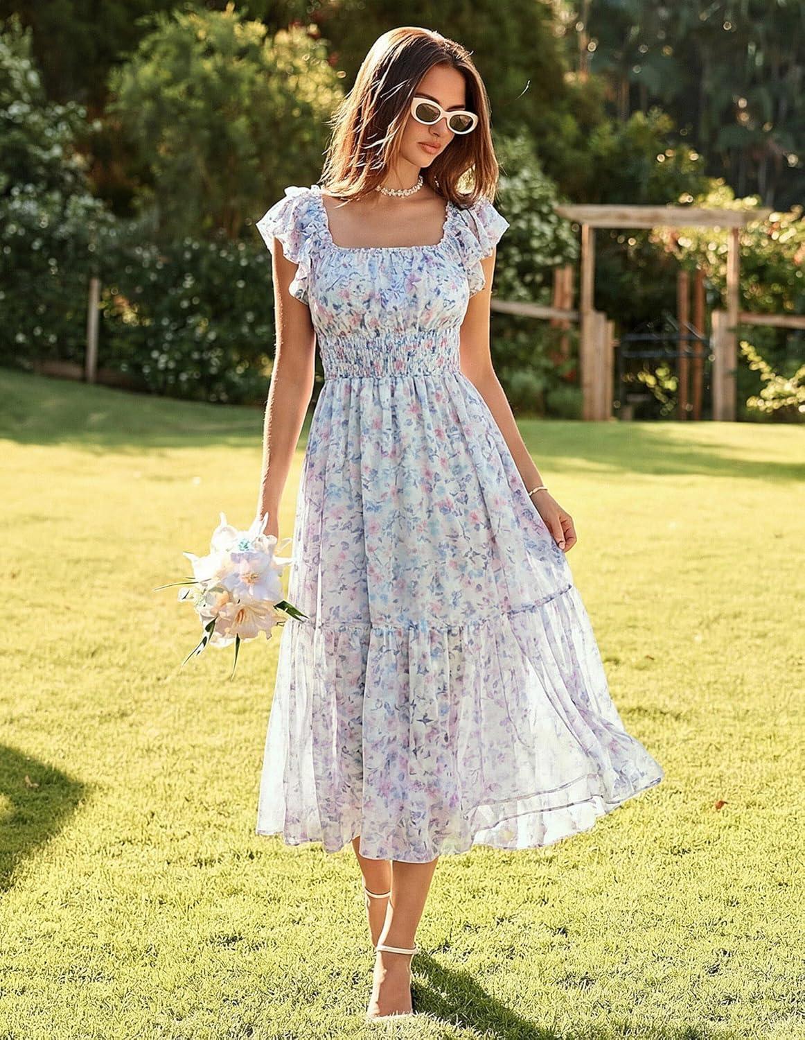 imageGRACE KARIN 2026 Womens Spring Floral Midi Dress Square Neck Beach Wedding Guest Dresses Flowy A Line Casual Summer ClothesLight Blue Floral