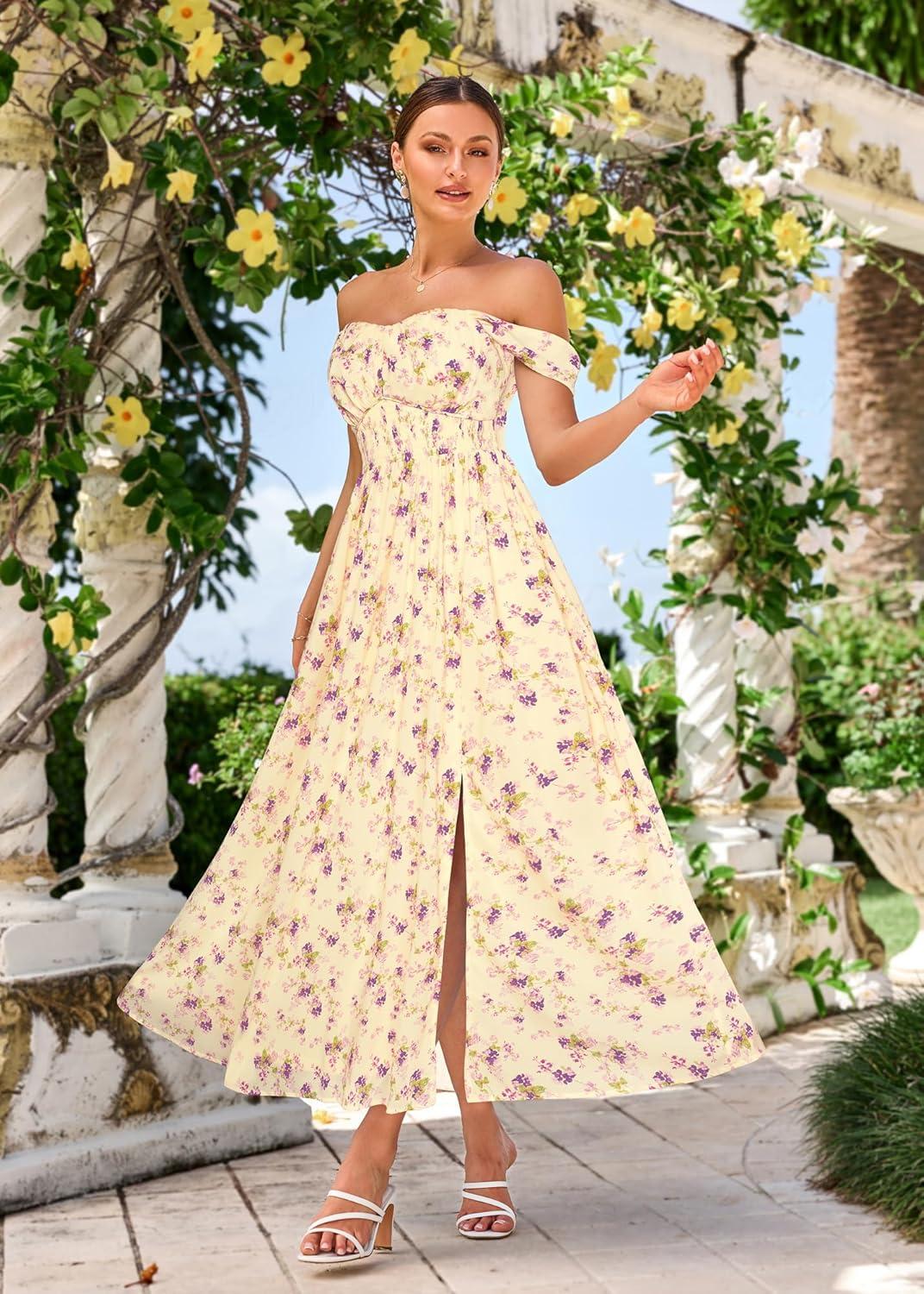 imageGRACE KARIN 2026 Womens Summer Floral Wedding Guest DressBeach Flowy A Line Maxi Off Shoulder Bridesmaid DressesBeige Purple