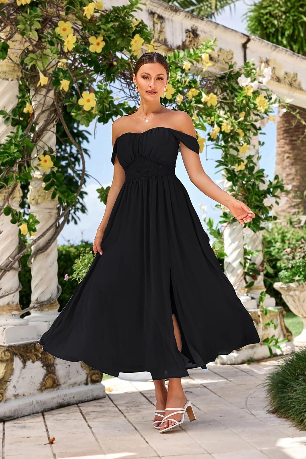imageGRACE KARIN 2026 Womens Summer Floral Wedding Guest DressBeach Flowy A Line Maxi Off Shoulder Bridesmaid DressesBlack