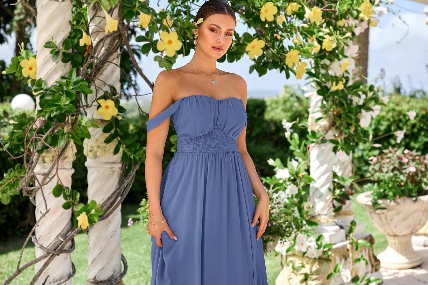 imageGRACE KARIN 2026 Womens Summer Floral Wedding Guest DressBeach Flowy A Line Maxi Off Shoulder Bridesmaid DressesBlue Gray