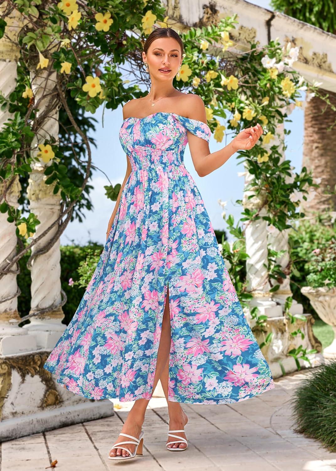 imageGRACE KARIN 2026 Womens Summer Floral Wedding Guest DressBeach Flowy A Line Maxi Off Shoulder Bridesmaid DressesBlue Pink