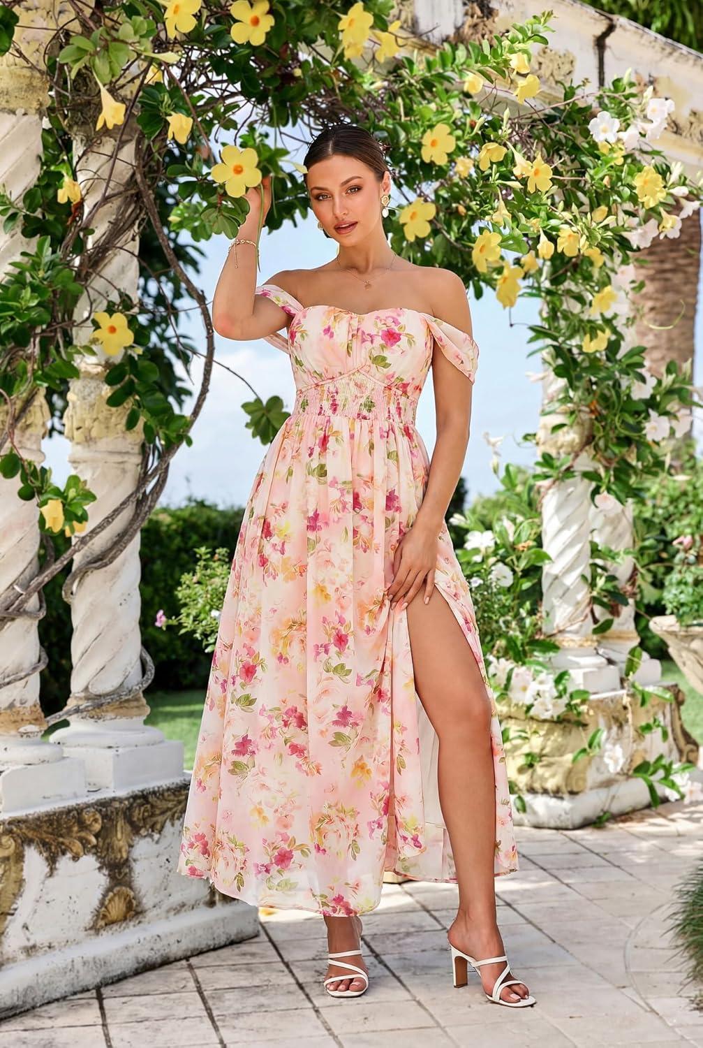 imageGRACE KARIN 2026 Womens Summer Floral Wedding Guest DressBeach Flowy A Line Maxi Off Shoulder Bridesmaid DressesFloral Pink