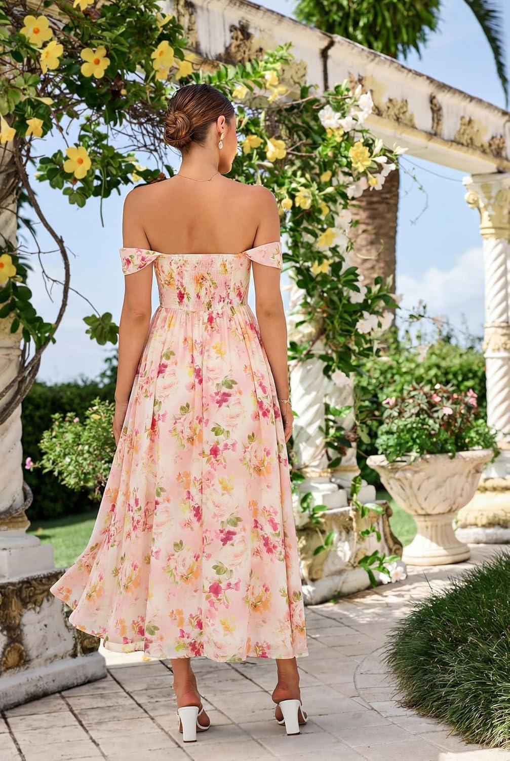 imageGRACE KARIN 2026 Womens Summer Floral Wedding Guest DressBeach Flowy A Line Maxi Off Shoulder Bridesmaid DressesFloral Pink