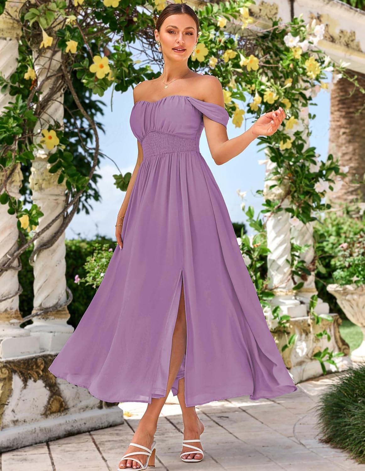 imageGRACE KARIN 2026 Womens Summer Floral Wedding Guest DressBeach Flowy A Line Maxi Off Shoulder Bridesmaid DressesLilac
