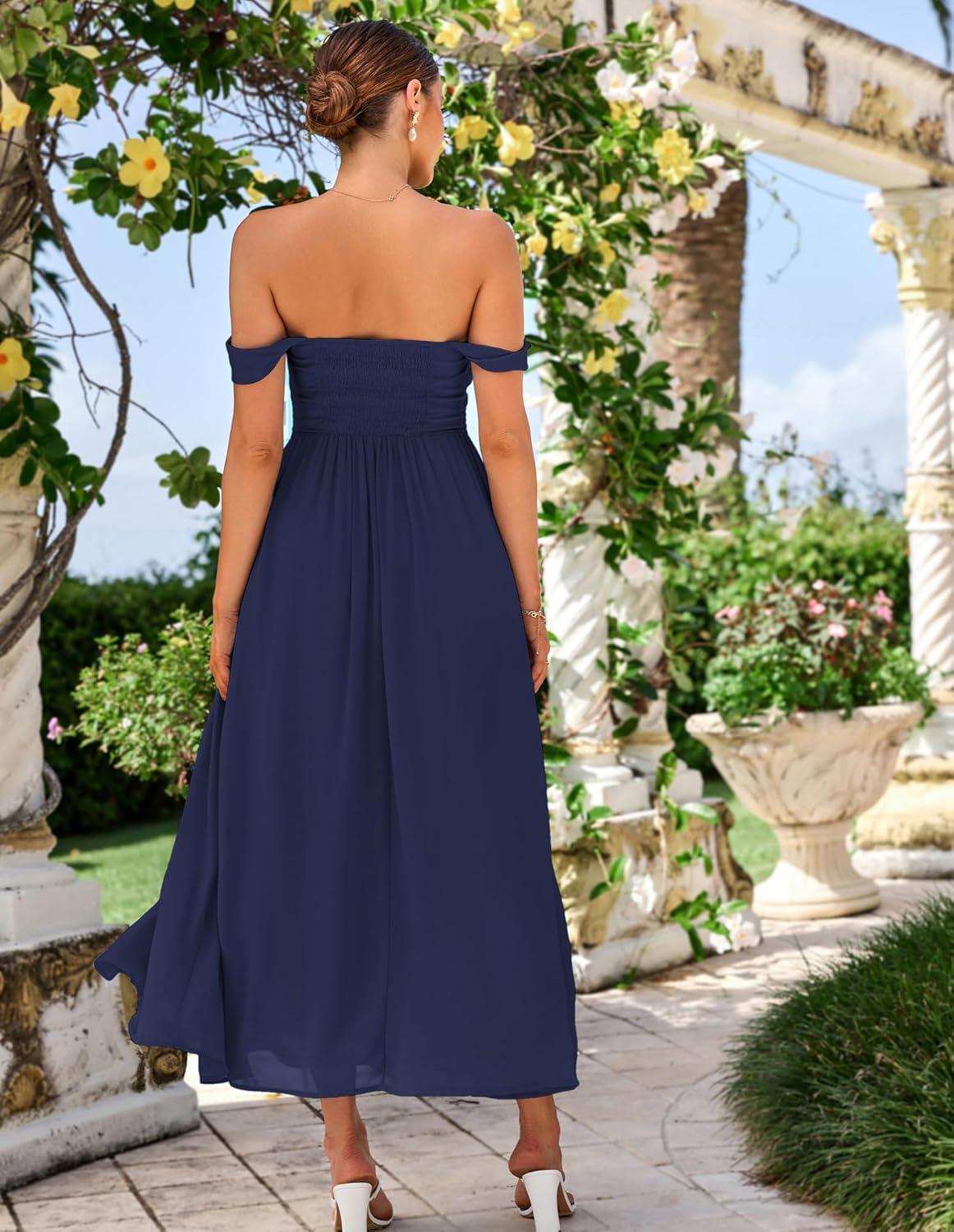 imageGRACE KARIN 2026 Womens Summer Floral Wedding Guest DressBeach Flowy A Line Maxi Off Shoulder Bridesmaid DressesNavy Blue