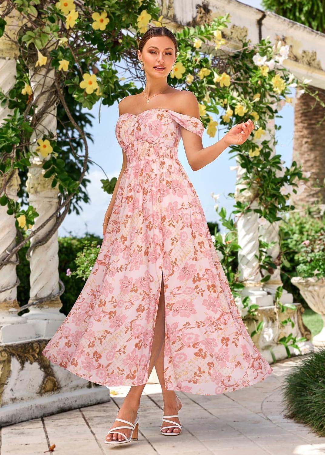 imageGRACE KARIN 2026 Womens Summer Floral Wedding Guest DressBeach Flowy A Line Maxi Off Shoulder Bridesmaid DressesPink Floral