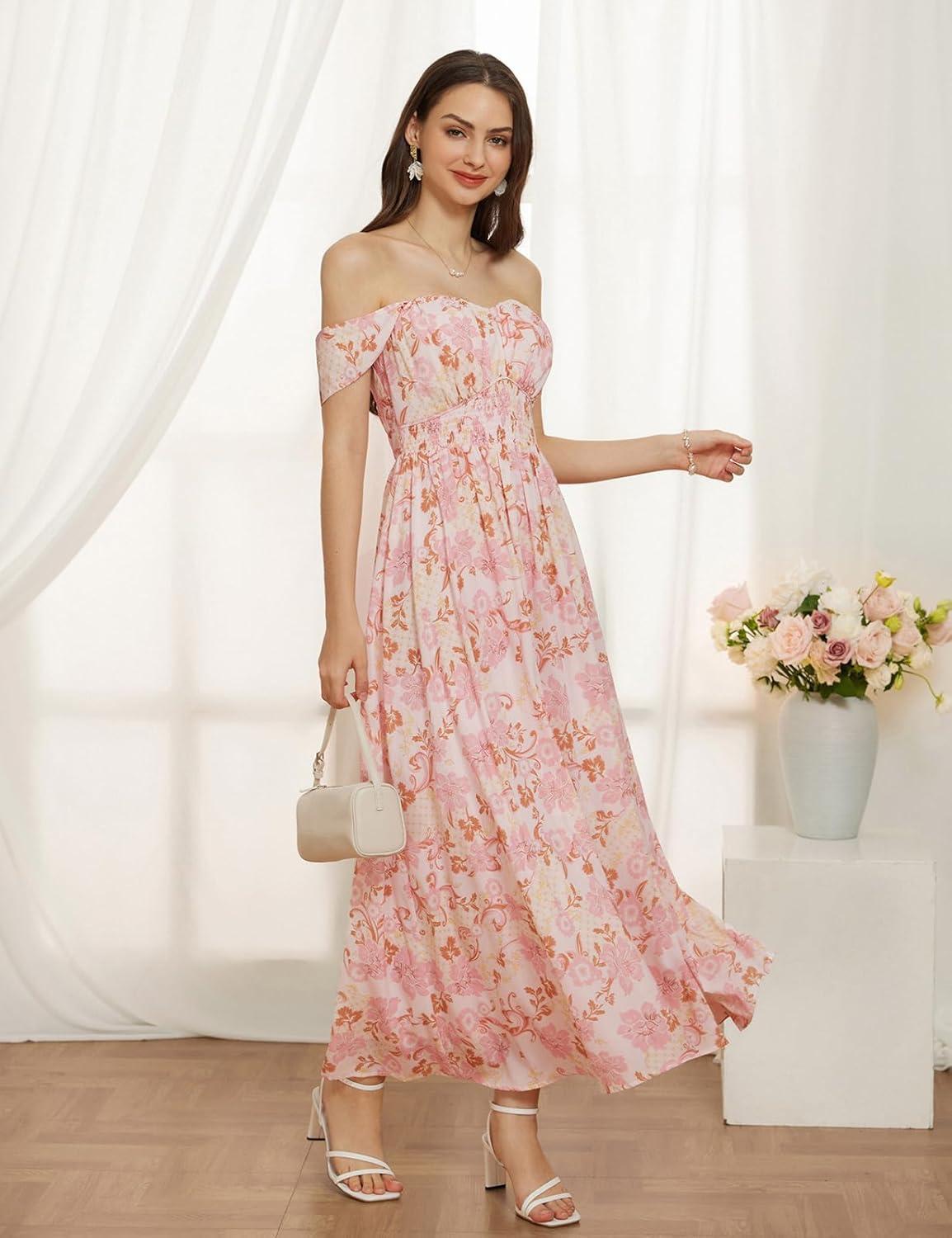 imageGRACE KARIN 2026 Womens Summer Floral Wedding Guest DressBeach Flowy A Line Maxi Off Shoulder Bridesmaid DressesPink Floral