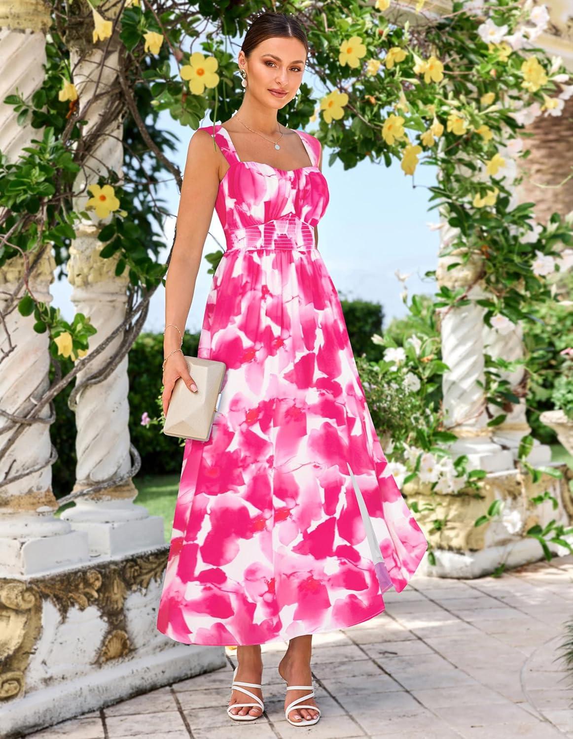imageGRACE KARIN 2026 Womens Summer Floral Wedding Guest DressBeach Flowy A Line Maxi Off Shoulder Bridesmaid DressesPink Watercolour